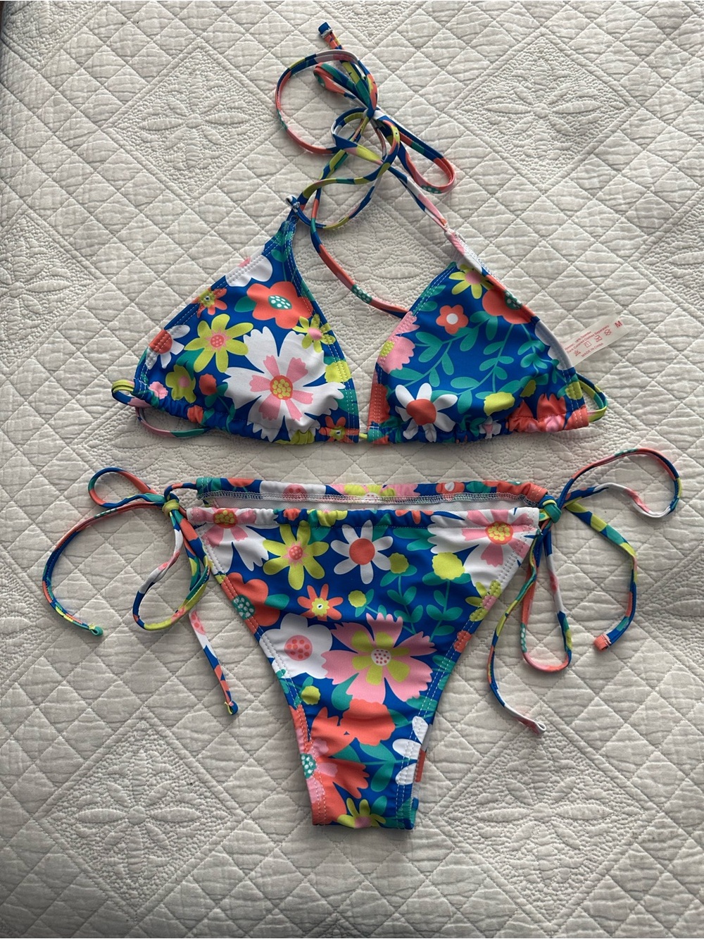 Blue Floral String Bikini Swimsuit - Size Medium